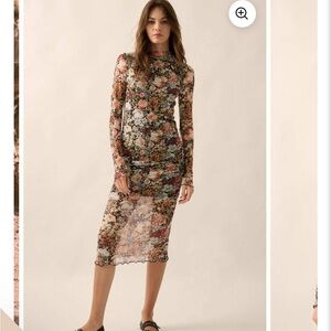 Promesa Floral Long Sleeve Mock Neck Mesh MIDI Dress